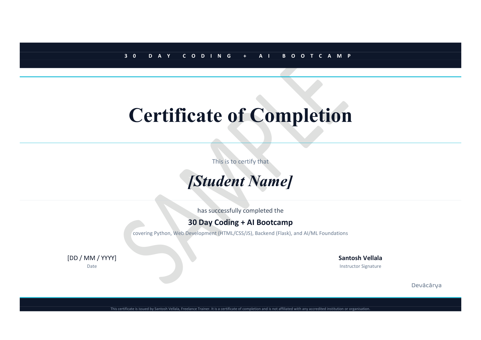 Sample Certificate of Completion — 30-Day Coding + AI Bootcamp